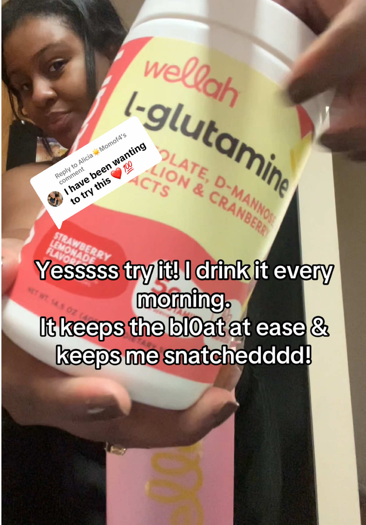 TikTok post by @livelifewith.des for Wellah Nutrition. Caption reads: [...] I love some l-glutamine from @Wellah....