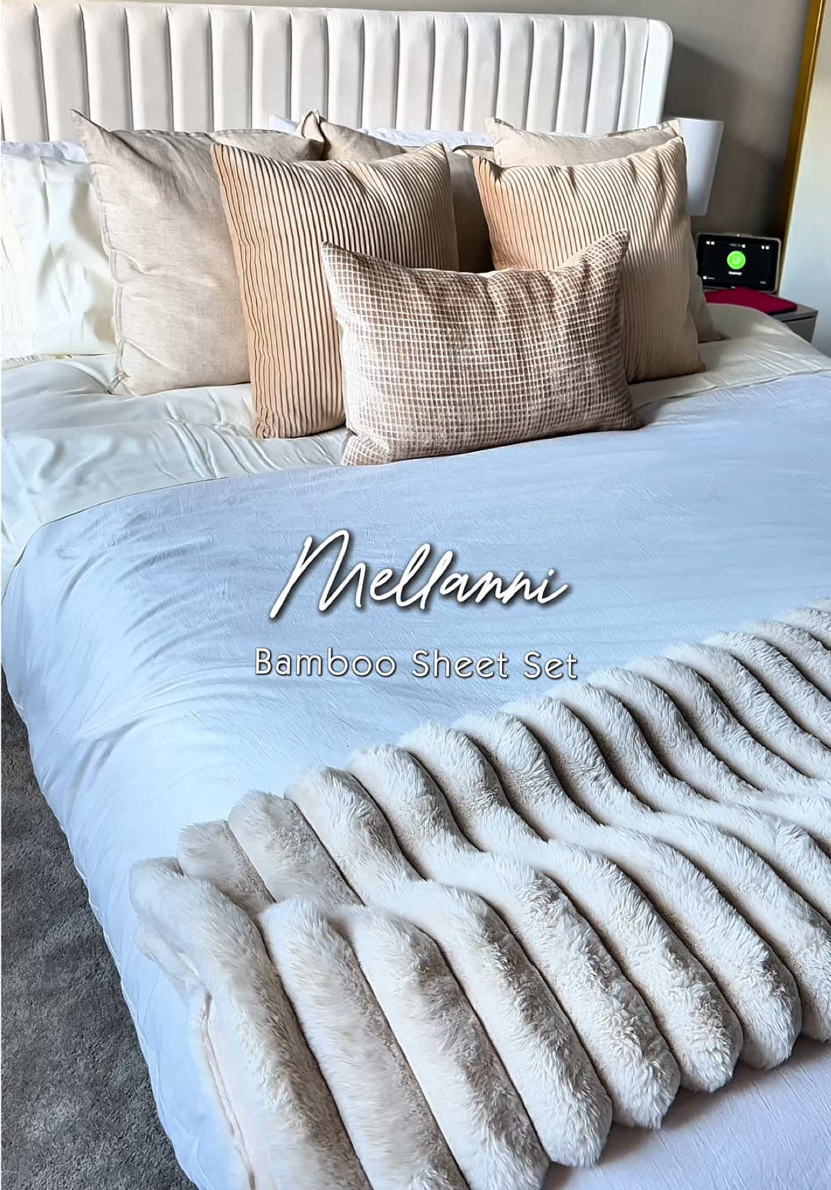 TikTok post by @ms.browngirl for Mellanni. Caption reads: @Mellanni bamboo cooling sheet set. Color golden....