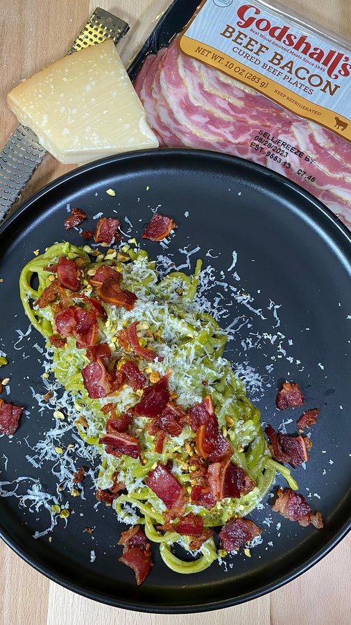 Instagram post by @rafifronz for Godshall's. Caption reads: Pistachio Pesto Carbonara with Beef Bacon.  I have....