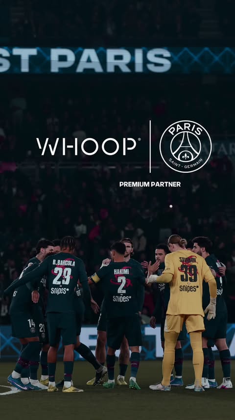 Instagram post by @psg_feminines for WHOOP. Caption reads: [...] wear. 🔴🔵 Paris Saint-Germain & WHOOP are....