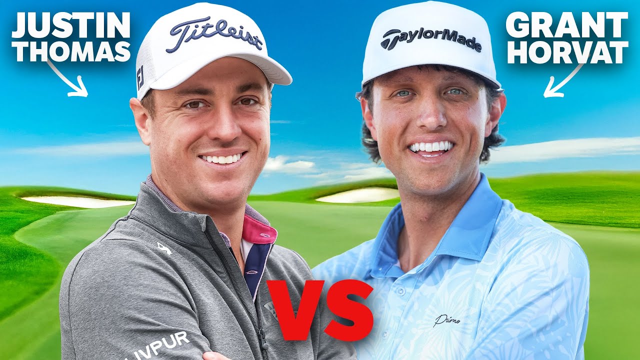 YouTube post by @GrantHorvatGolfs for TaylorMade Golf. Caption reads: Can I Beat Justin Thomas if I Start 5 Under Par?.