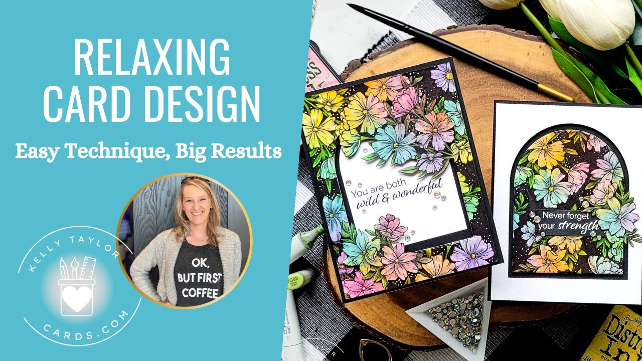 YouTube post by @KellyTaylorCards for Ranger Ink. Caption reads: Relaxing Card Design, Easy Technique with Big....