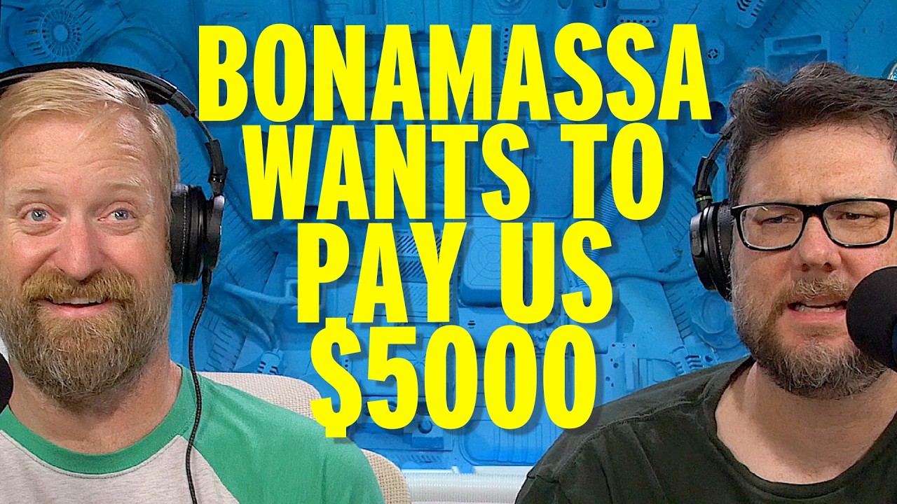YouTube post by @60CycleHumcast for Stringjoy. Caption reads: A "CHANCE TO EARN" $5000 PROMOTING JOE BONAMASSA....
