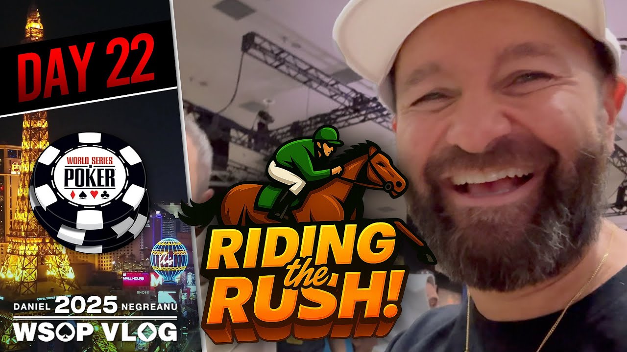 YouTube post by @dnegspoker for Contenders Clothing. Caption reads: BUBBLE MAYHEM as we RIDE the RUSH! - Daniel....
