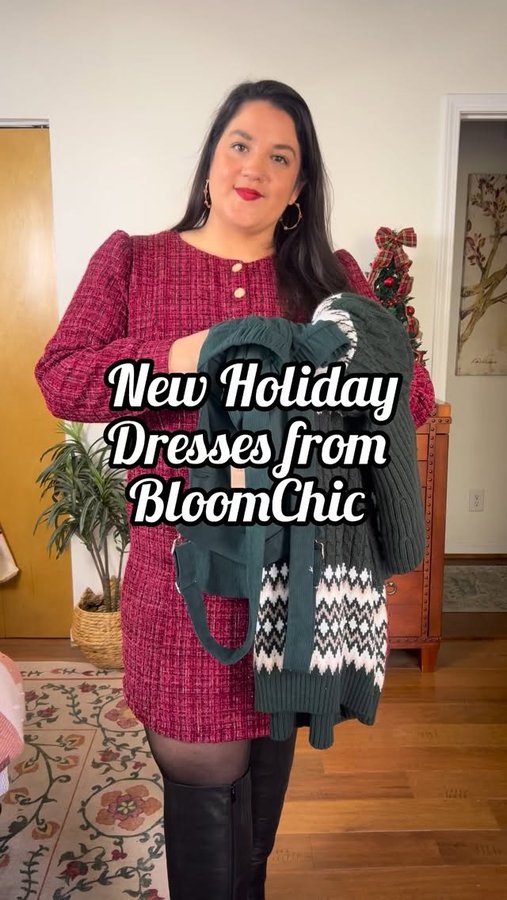 Instagram post by @laura.m.clifford for BloomChic. Caption reads: #AD| These dresses are perfect for the holidays!....