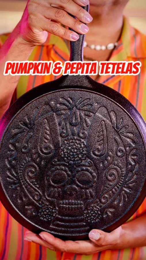 Instagram post by @chefrickmartinez for Lodge Cast Iron. Caption reads: For Día de los Muertos, I wanted to make something....