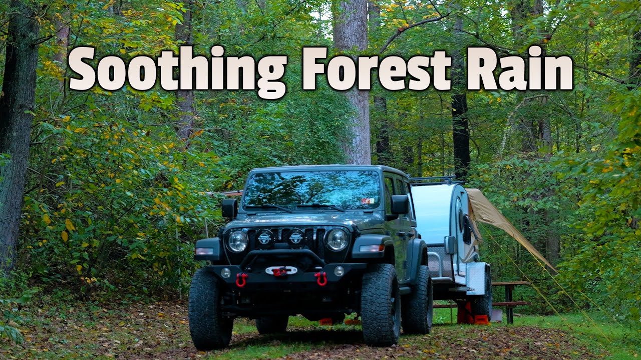 YouTube post by @NowhereBoundAdventures for BougeRV. Caption reads: Cozy Fall Camping in the Rain | Jesse Owens State....
