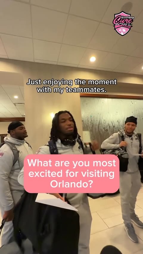 Instagram post by @tomthemime for Visit Orlando. Caption reads: Welcome to Orlando @odufootball 💙🦁🎢🌍🏟️🩷.