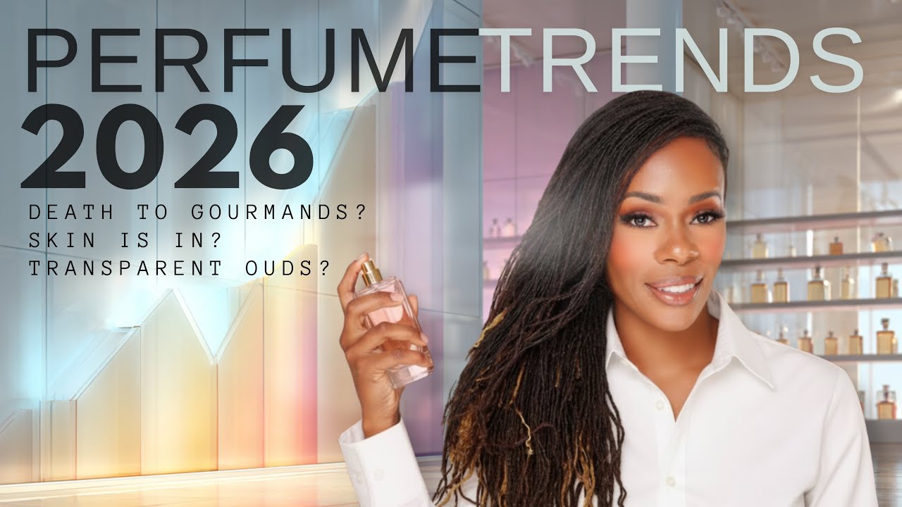 YouTube post by @SharidaM for Scentsplit. Caption reads: 2026 PERFUME TRENDS! WHAT'S IN & WHAT'S OUT FOR....