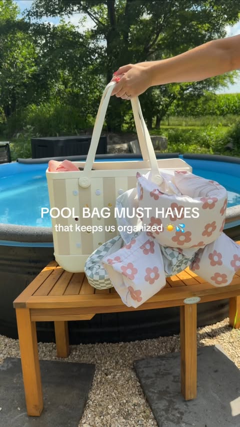 Instagram post by @mady.motherhood for Coterie. Caption reads: [...] #poolday #toddleressentials #coteriepartner....
