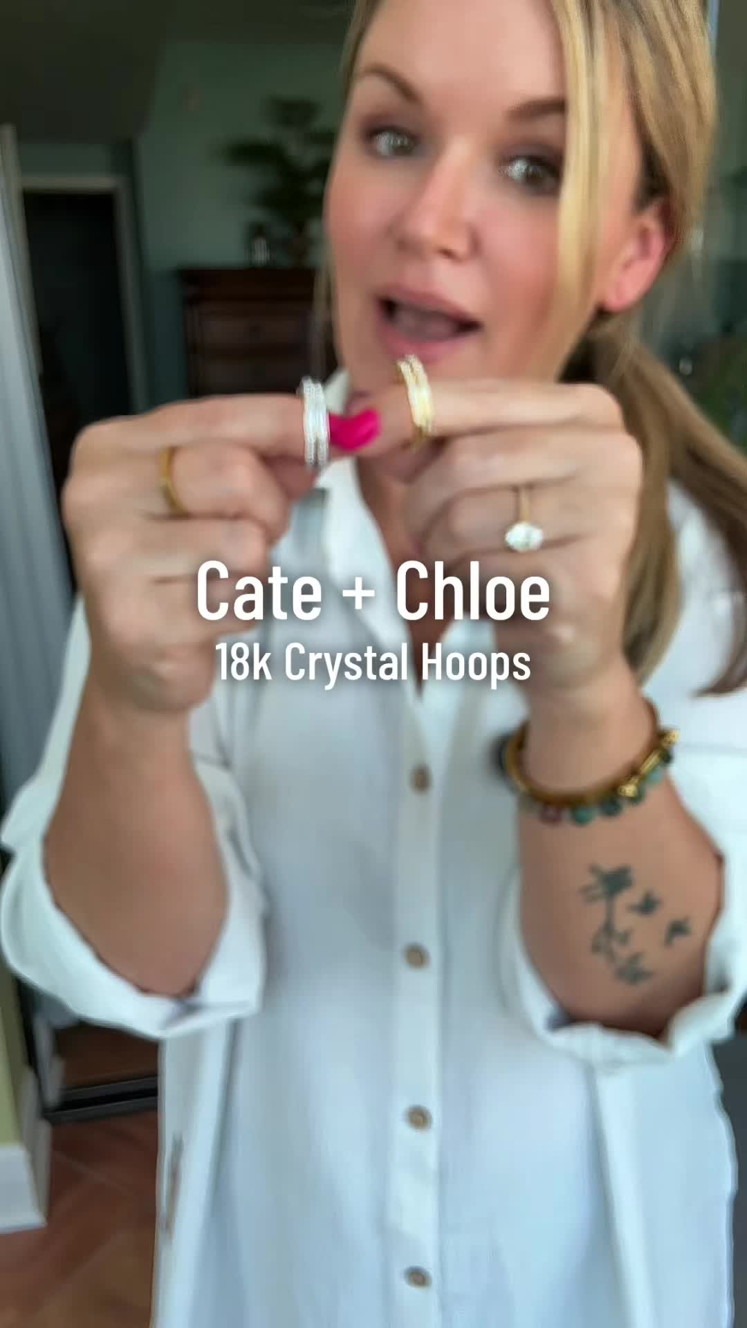 TikTok post by @_mels_tramm_ for Cate & Chloe Jewelry. Caption reads: The 18k gold plated crystal hoops by @Cate & Chloe....