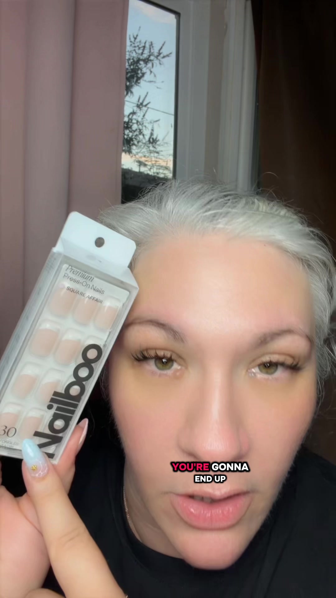 TikTok post by @sarahjinprogress for Nailboo. Caption reads: [...] #PressOnNails #SquareNails #NailTok @Nailboo.