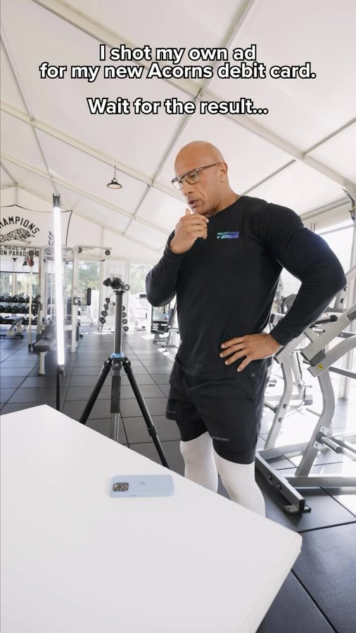 Instagram post by @therock for Acorns. Caption reads: [...] 🎬😂💯 Here’s a fun debut of my ALL NEW....