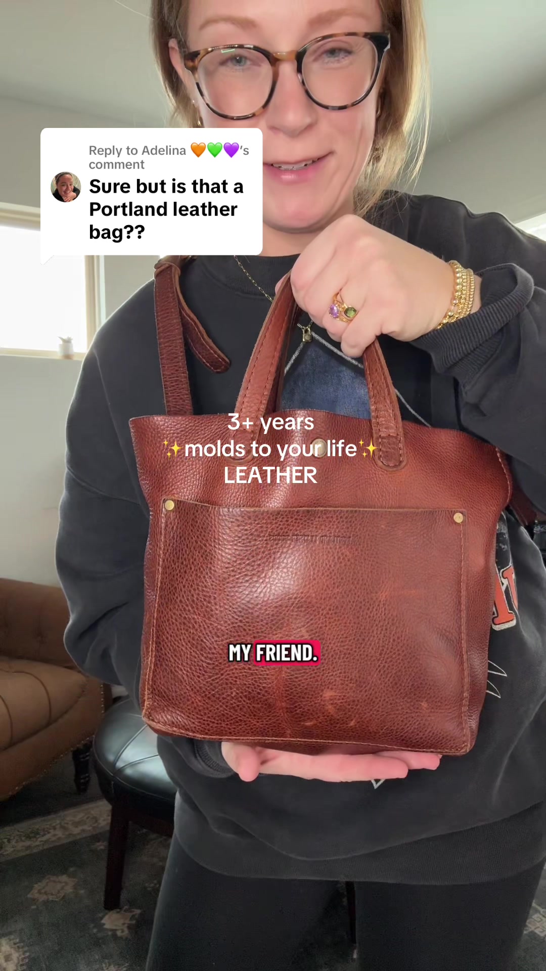 TikTok post by @cindellkimbrough for Portland Leather Goods. Caption reads: Replying to @Adelina 🧡💚💜 nutmeg leather is so....