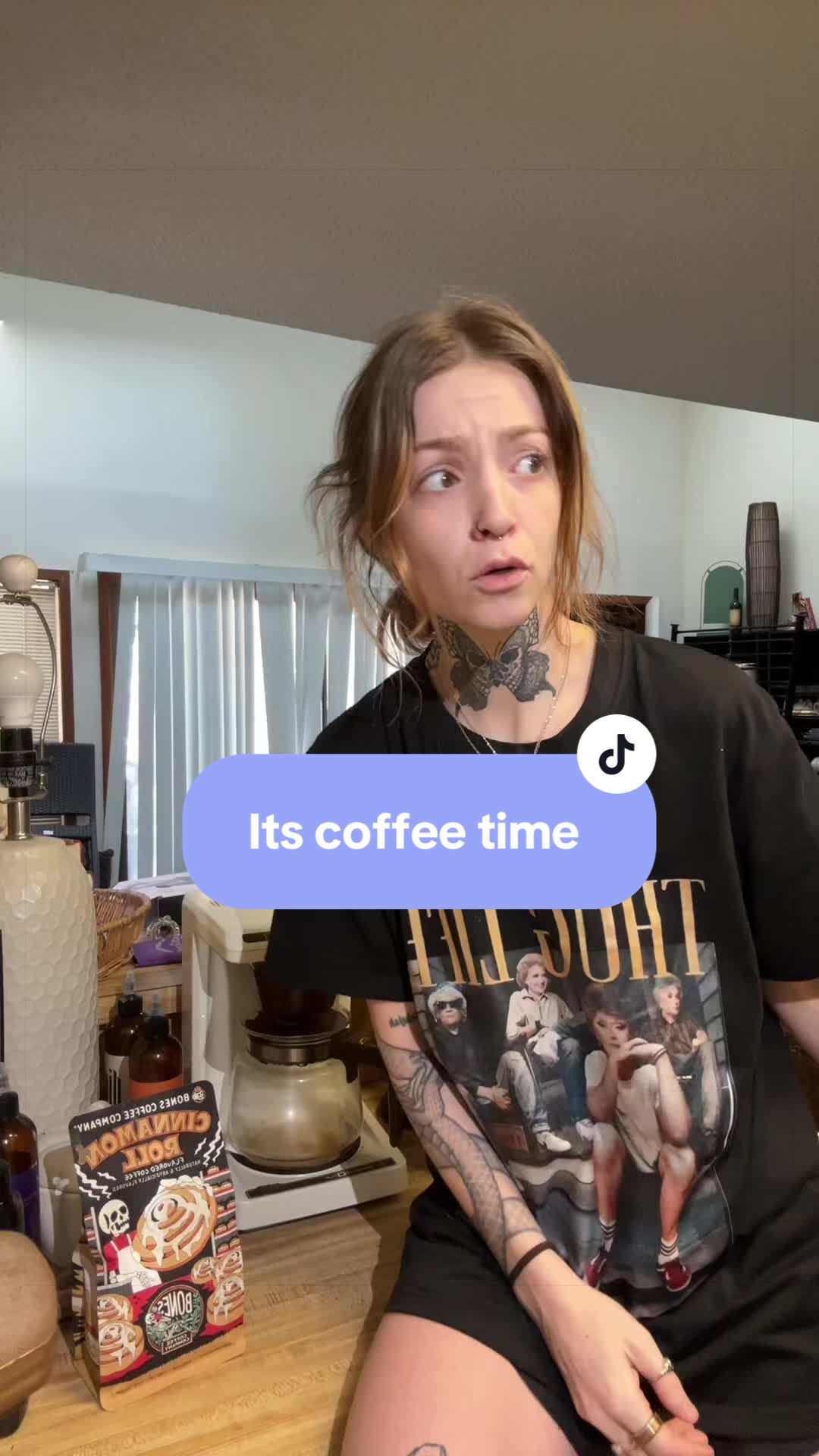 TikTok post by @crunchymomsourdough for Bones Coffee Company. Caption reads: [...] #grwm #coffee #tiktokshop @Bones Coffee....