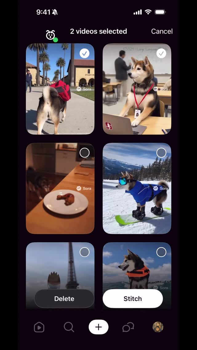 Instagram post by @soraofficial for OpenAI. Caption reads: 🧵editing on the go? Sora 2’s new stitching....