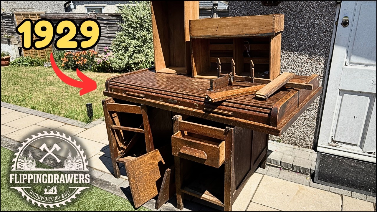 YouTube post by @Flippingdrawers for xTool. Caption reads: Giant 1929 roll top desk restoration.