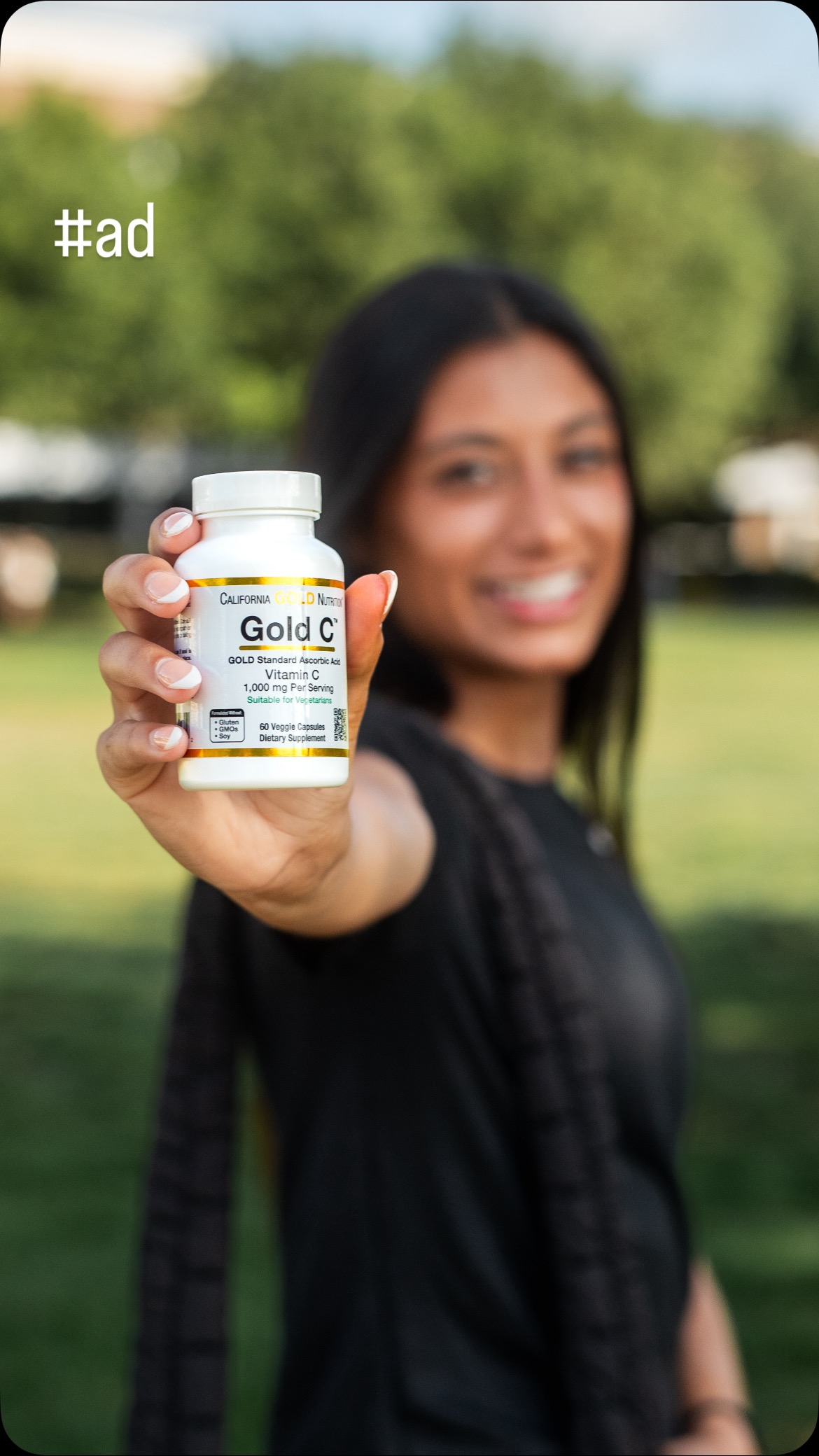 Instagram post by @eliza_labelle for Sports Research. Caption reads: California Gold Nutrition Gold C: Boosts your....