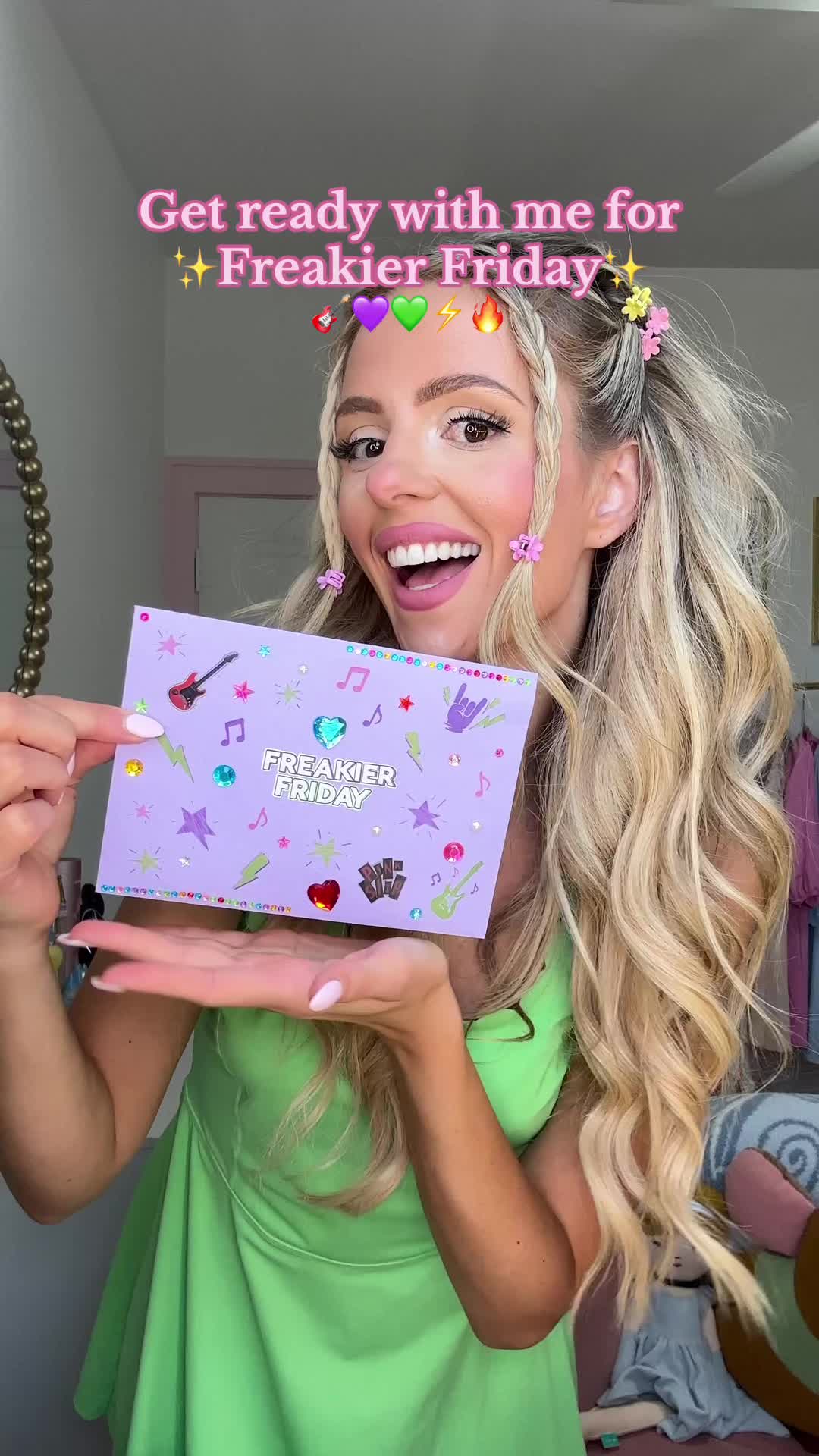 TikTok post by @emilyyyrosess for TopFoxx. Caption reads: Y2K outfit for Disney’s Freakier Friday!🎸💜💚⚡️....