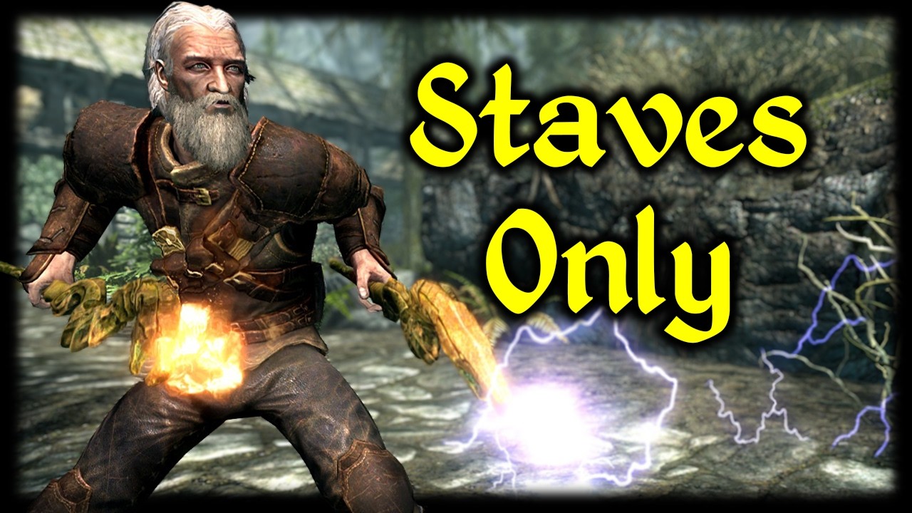 YouTube post by @JustBackgroundNoise for Displate. Caption reads: Can You Beat Skyrim with Only Staves?.