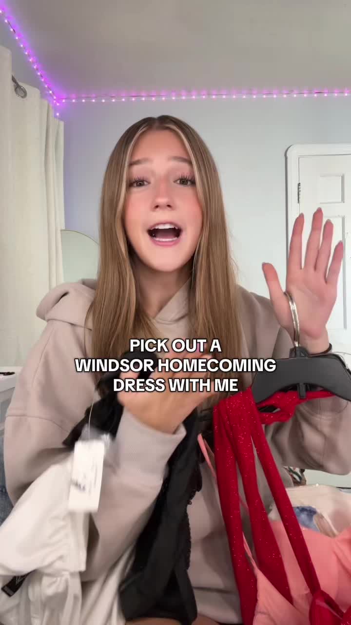 TikTok post by @kosiskyamber for Windsor Store. Caption reads: Help me pick out a homecoming dress !!....