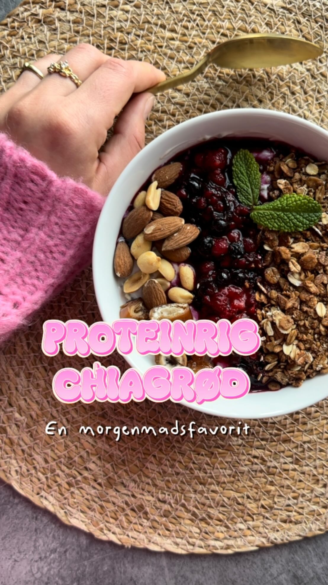 Instagram post by @emiliejacqueline for Alpro. Caption reads: Chiagrød med plante protein 🩷🌱

Med denne nemme....