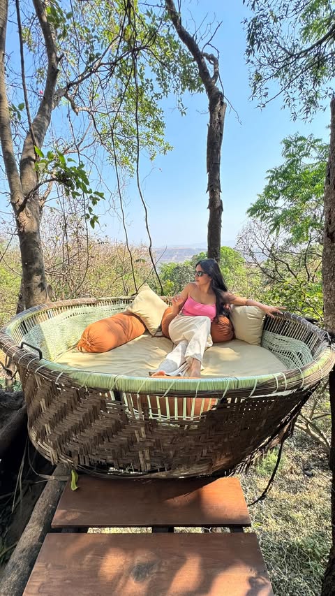 Instagram post by @simranmanjrekar for StayVista. Caption reads: [...] same videos 🥹🥹 Location: Vaana by....