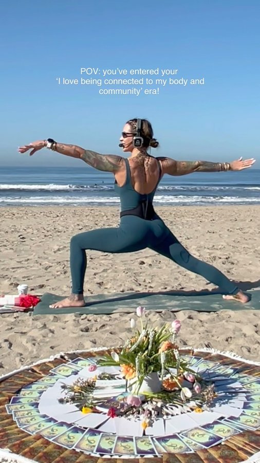 Instagram post by @beachbubbles94 for LivOn Labs. Caption reads: [...] beach yoga and somatics sponsored by....