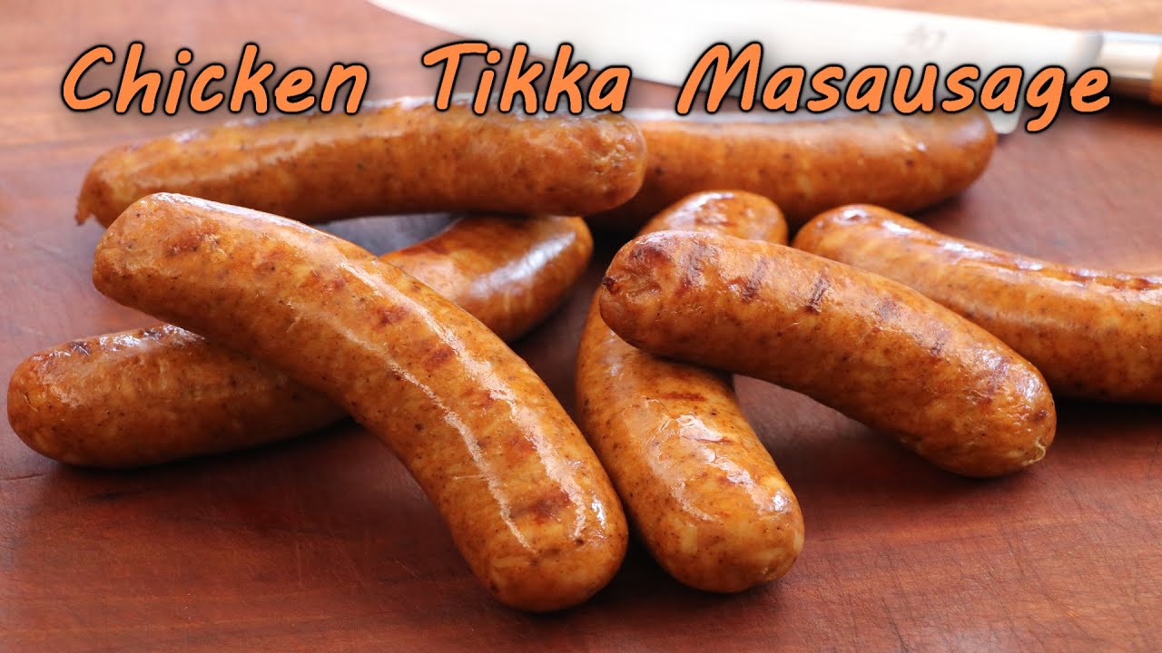 YouTube post by @2guysandacooler for ThermoWorks. Caption reads: Chicken Tikka Masausage | Celebrate Sausage S06E01.
