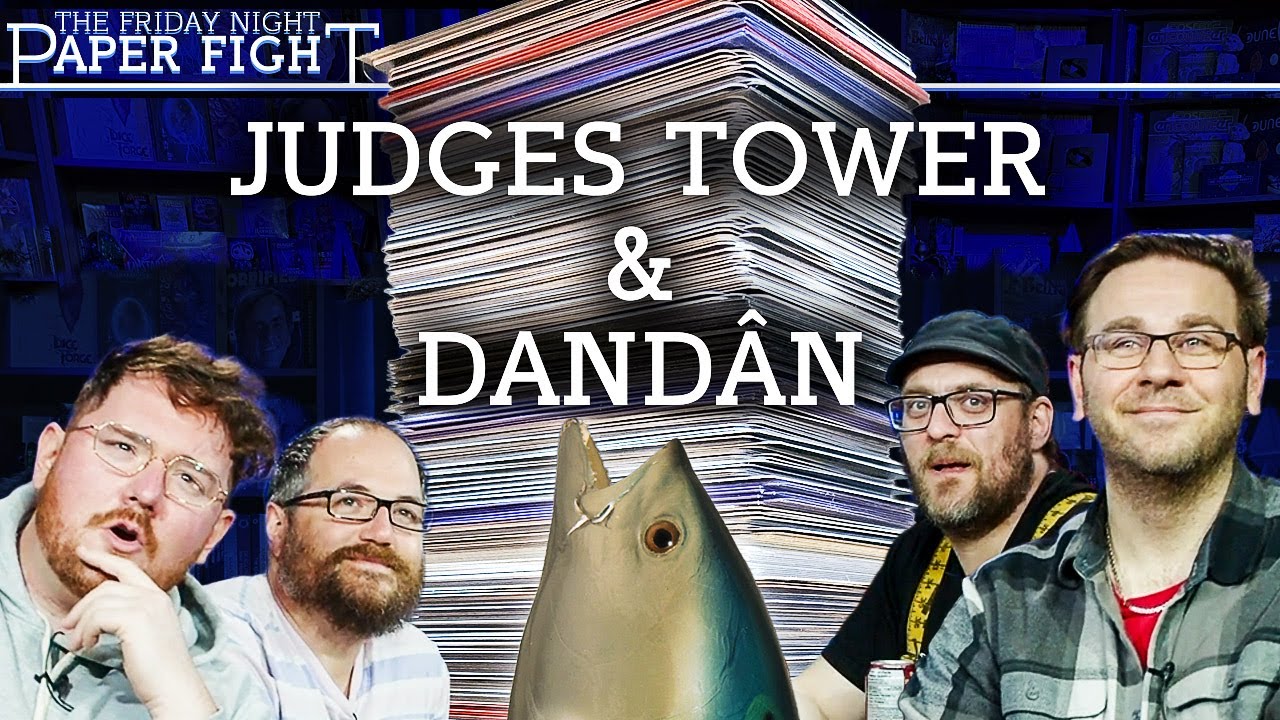 YouTube post by @LRRMTG for Dragon Shield. Caption reads: Judges Tower & Dandân || Friday Night Paper Fight....