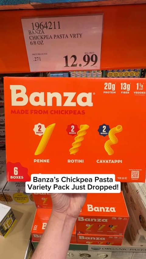Instagram post by @grocery_obsessed for Banza. Caption reads: This @eatbanza Chickpea Pasta Variety Pack just....