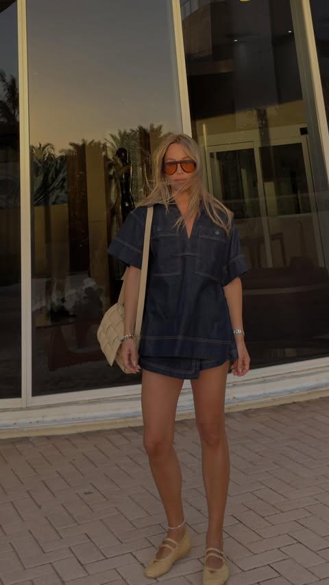 Instagram post by @karolinajez for SHONA JOY. Caption reads: Cool girl denim, warm-weather edition @shonajoy ❤️.