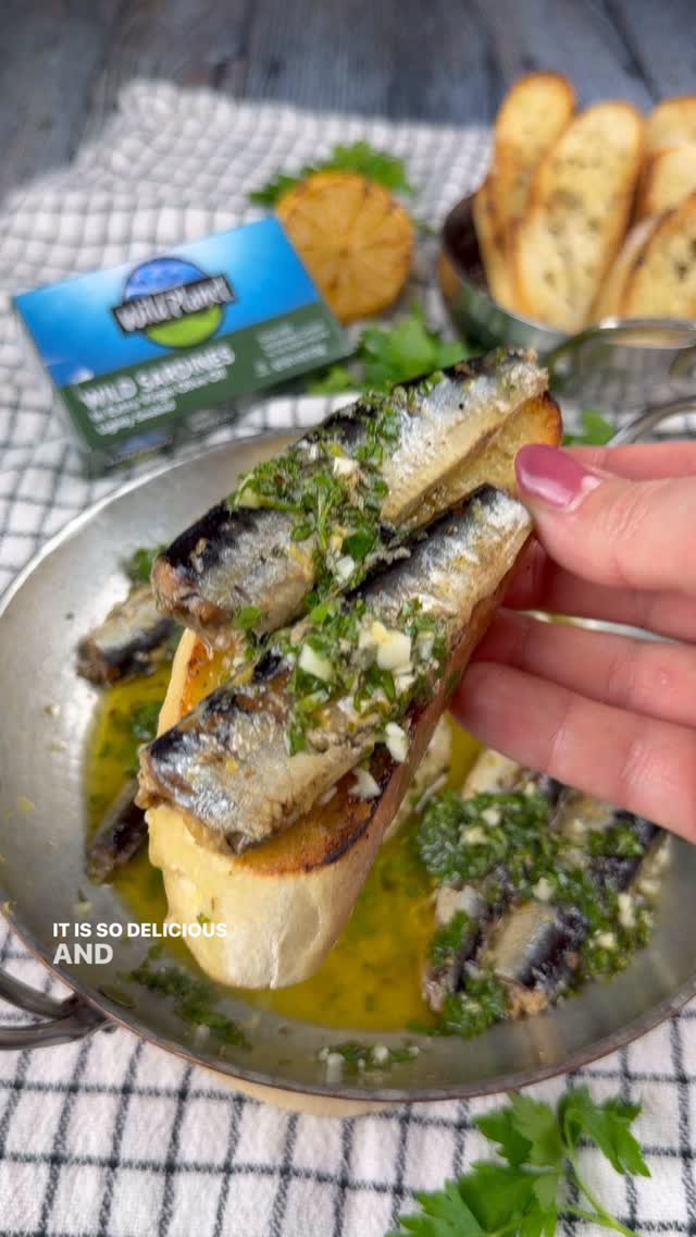 Instagram post by @vessys_gourmet_kitchen for Wild Planet Foods. Caption reads: Baked Sardines with Gremolata and Garlic Rubbed....