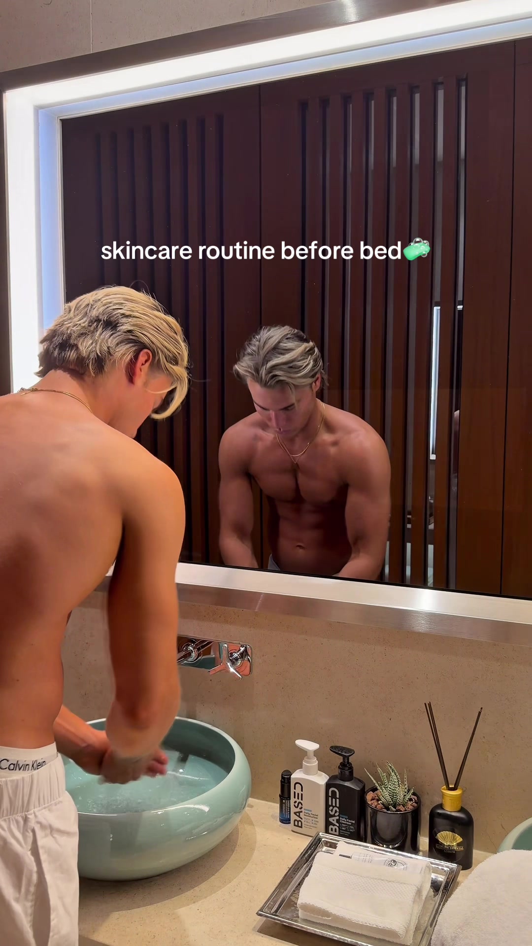 TikTok post by @niklasbroen for Based BodyWorks. Caption reads: Steps: 1. Facial Cleanser 2. Facial Moisturizer 3.....