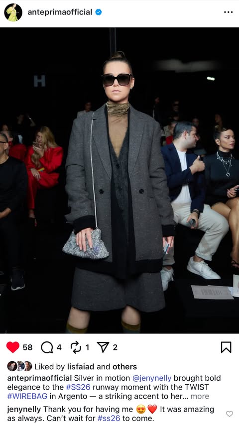 Instagram post by @jenynelly for Anteprima. Caption reads: @anteprimaofficial #ss26 #mfw 

Wearing full look....