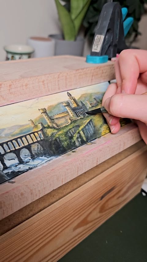 Instagram post by @pictalibri for MEEDEN ART. Caption reads: My first hidden fore-edge painting🖤 I’m so....