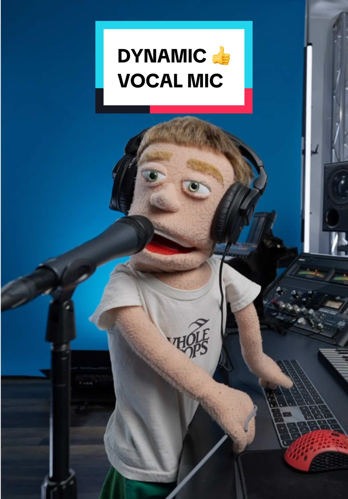 TikTok post by @realestpuppet for Sennheiser. Caption reads: Dynamic mics are perfect for vocal recording in....