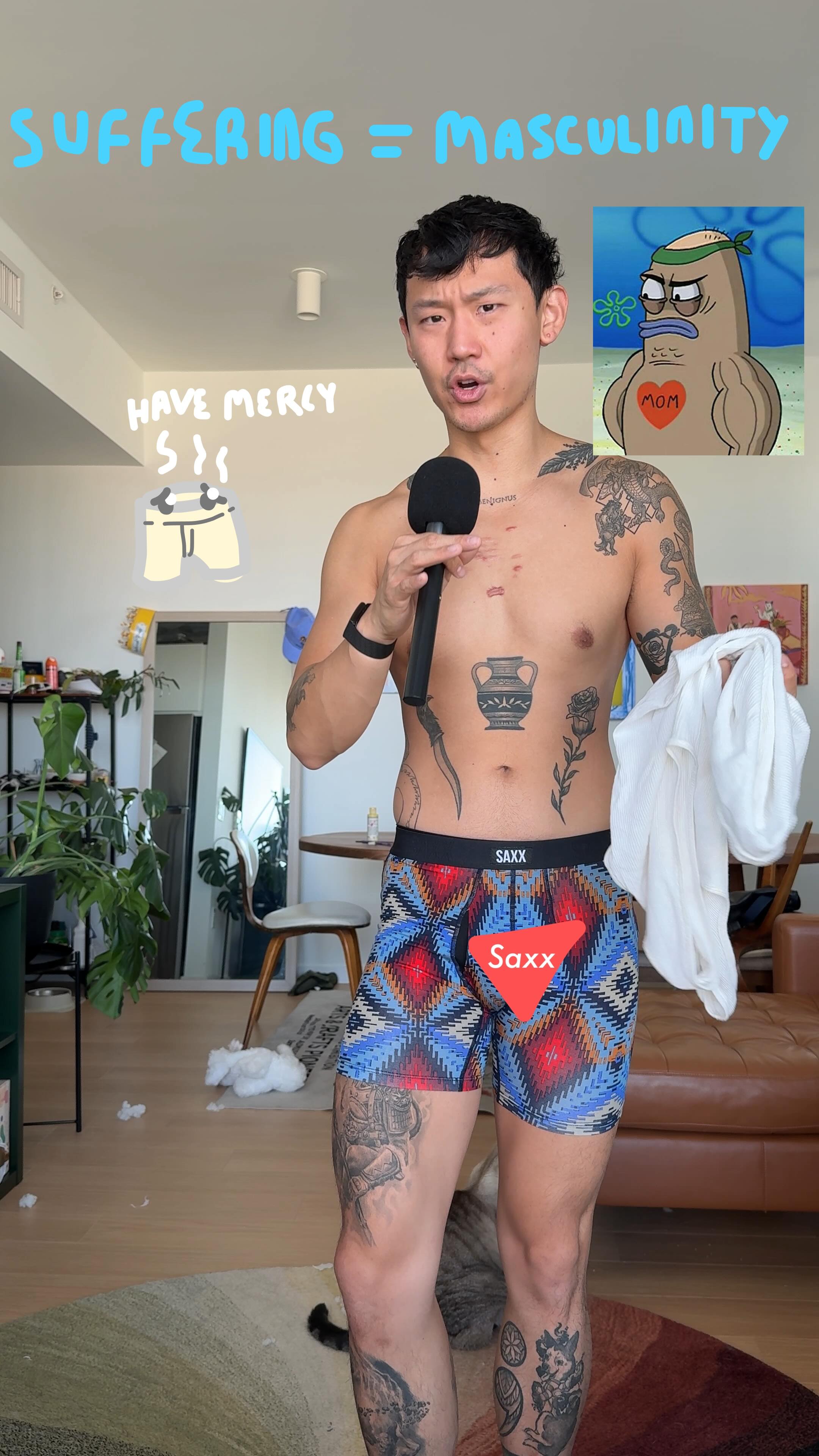 Instagram post by @jerryxzeng for SAXX Underwear. Caption reads: Men will run ultramarathons, sit in ice baths, and....