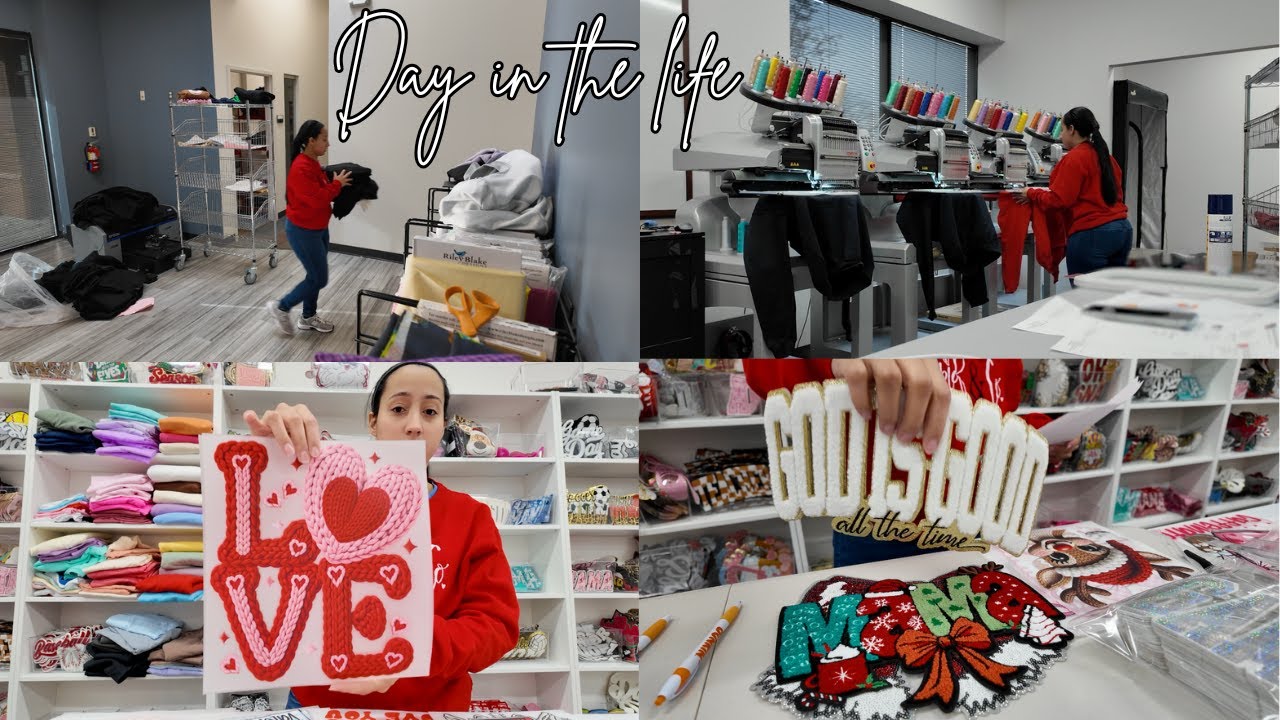 YouTube post by @AngelaJasmina for Creative Fabrica. Caption reads: What it's really like running your own embroidery....