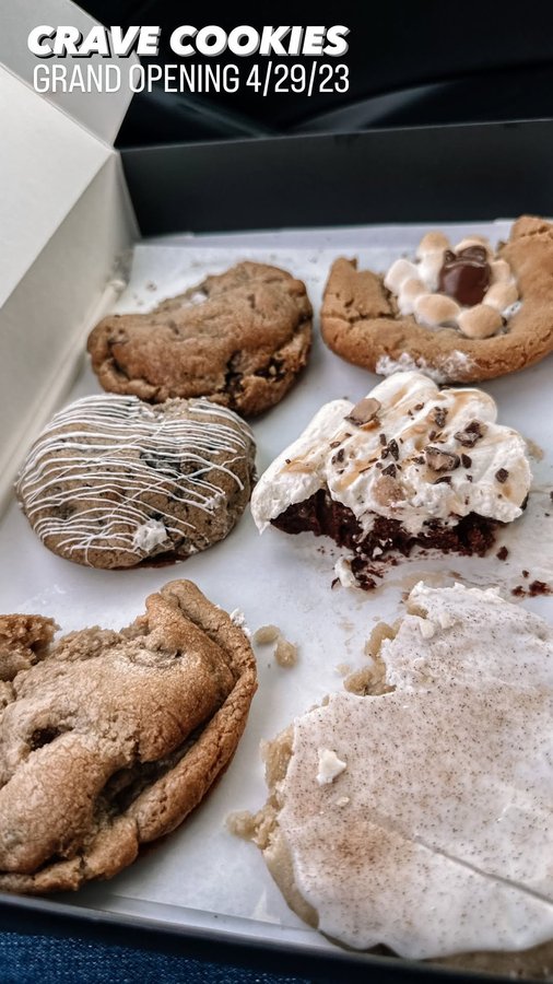 Instagram post by @crystallhoneycutt for Crave Cookies. Caption reads: [...] OPENING + FREE COOKIE DAY FOR....