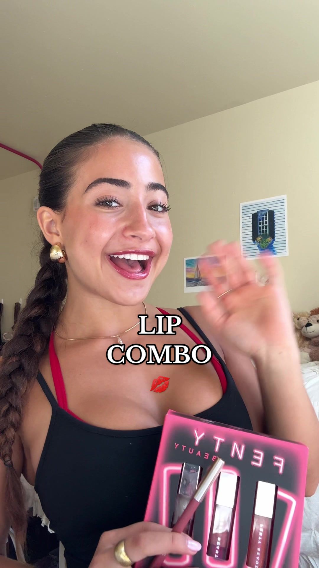 TikTok post by @demetradias for Fenty Beauty. Caption reads: my new fav holiday lip combos with @Fenty Beauty....