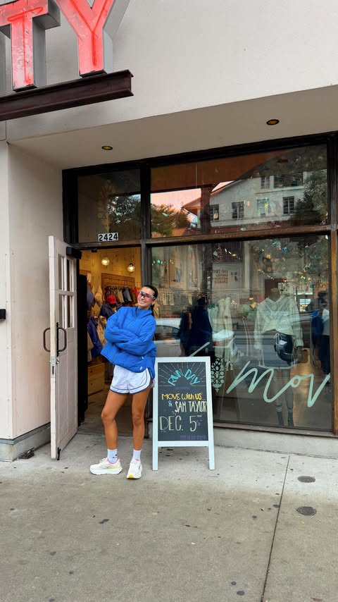 Instagram post by @ssam.ttaylor for FP Movement. Caption reads: VLOGMAS DAY 4: @fpmovement store walk-thru for the....