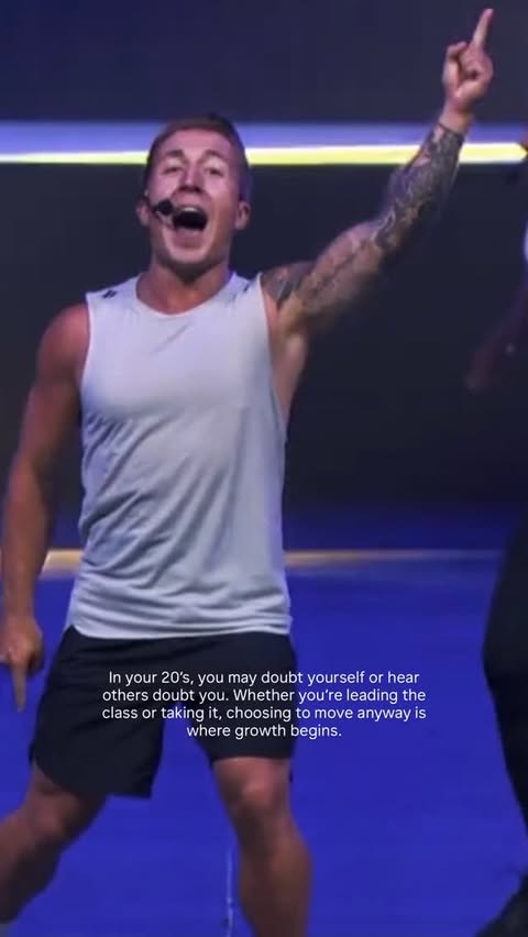 Instagram post by @zupersimon for LES MILLS. Caption reads: [...] move anyway is where growth begins. 🚀....