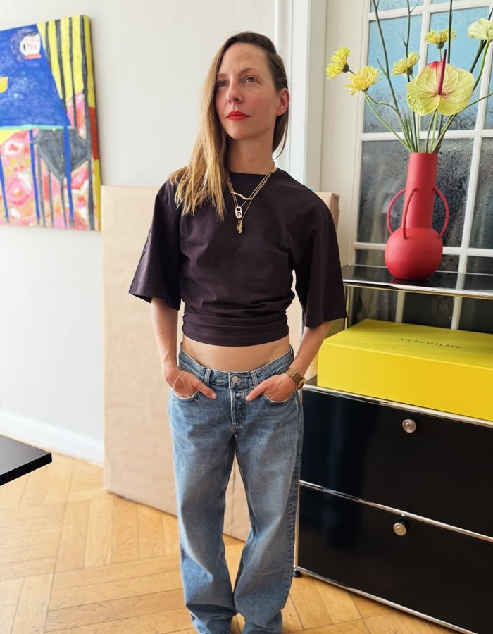 Instagram post by @katharina_schuettler for AGOLDE. Caption reads: summerloveberlin 💛🩵🩷

@agolde....