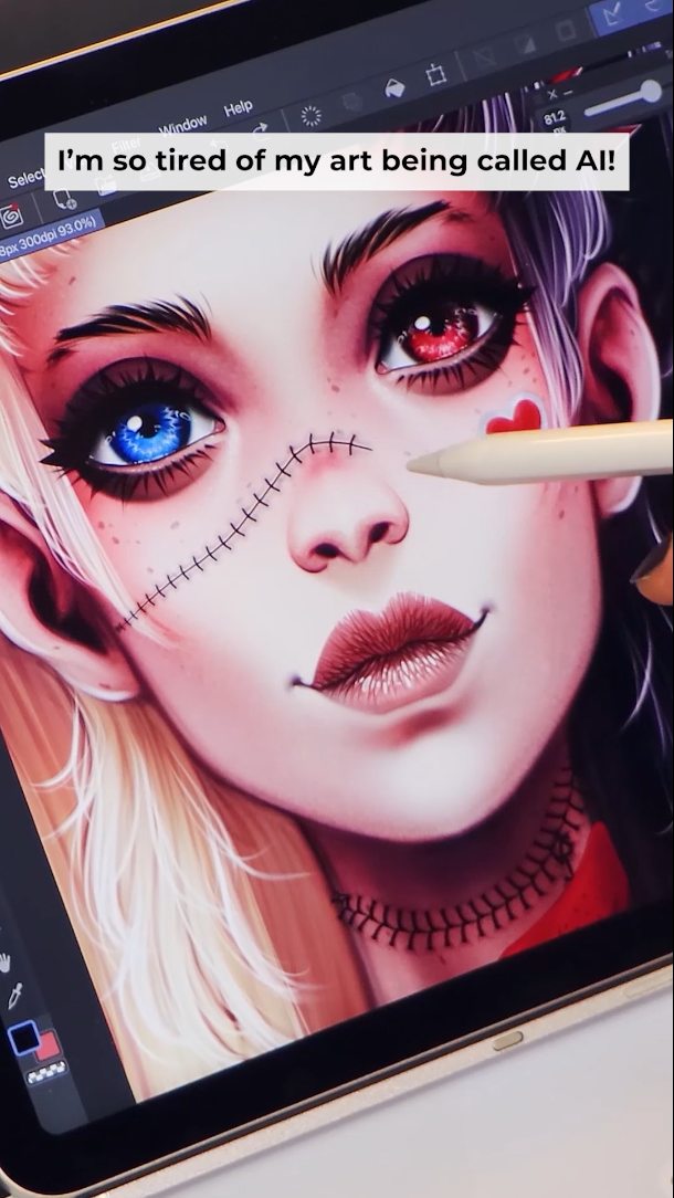 Instagram post by @anastasiadeg for Clip Studio Paint. Caption reads: 💜Has anyone ever called your art AI too? TTwTT....