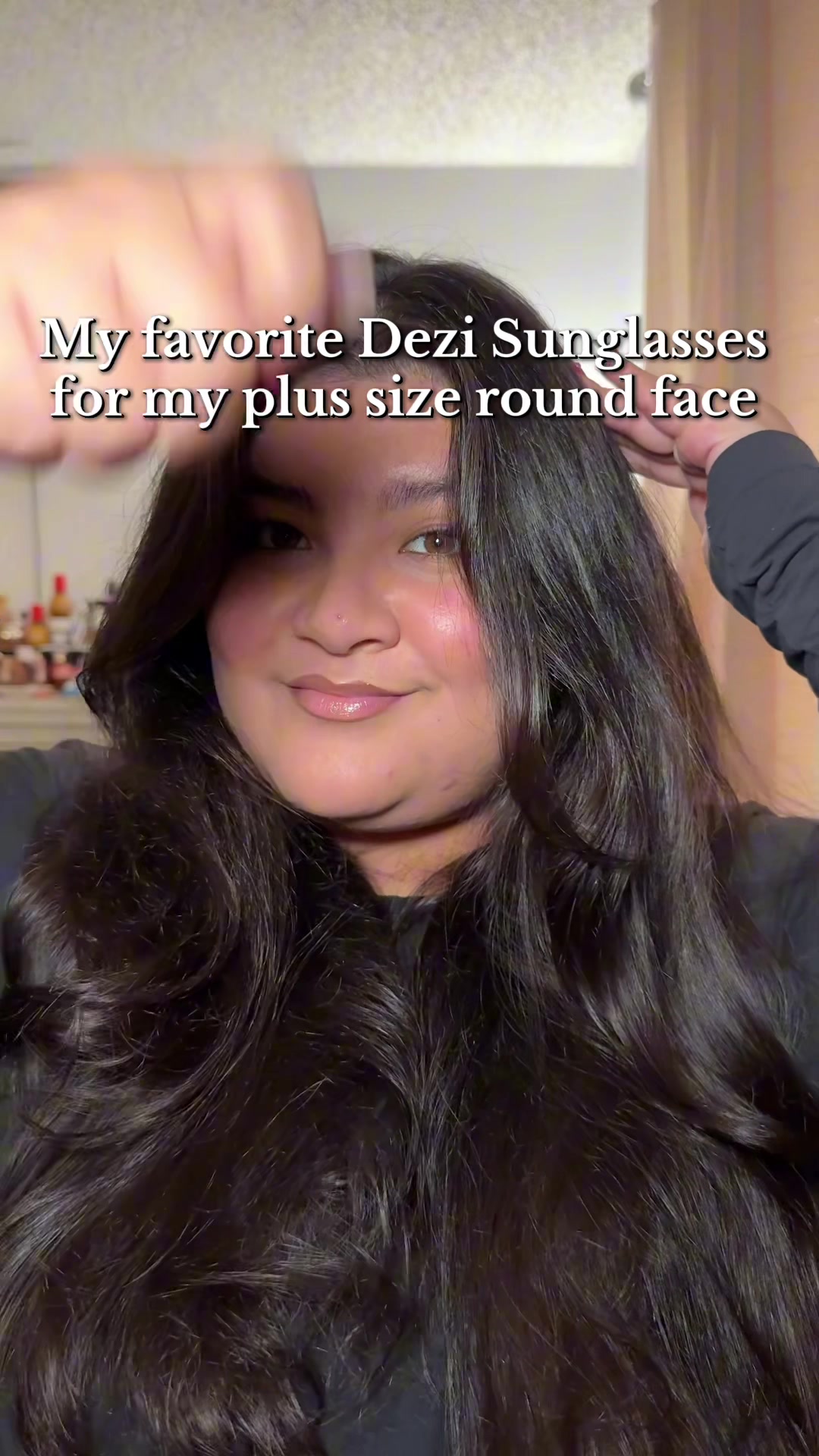TikTok post by @lizpuentebravo for DEZI. Caption reads: My fav @DEZI EYEWEAR for my plus size round face !....