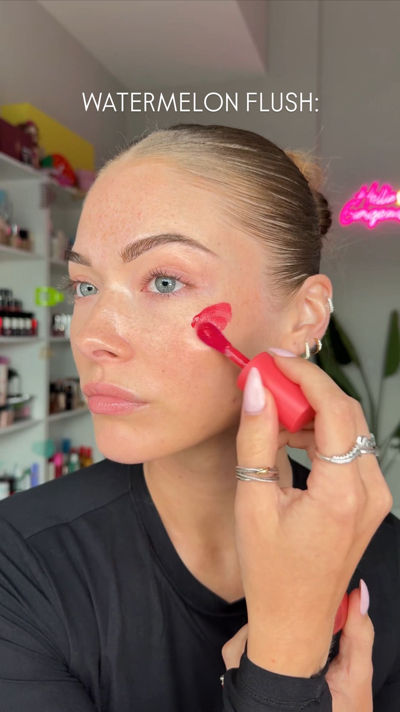 Instagram post by @kayla.ryan1 for Glow Recipe. Caption reads: Swatching all 4 of the @glowrecipe dewy blushes......