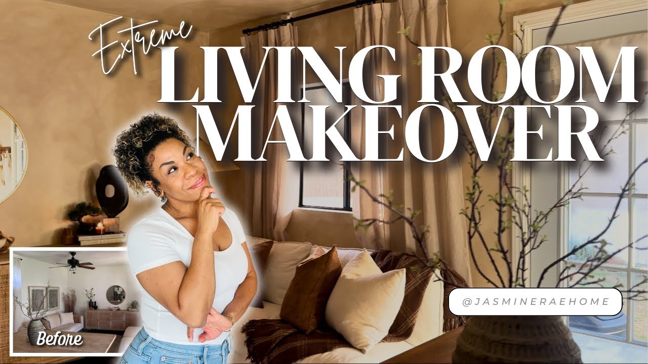 YouTube post by @RebuildingHomeWithJasmineRae for Boutique Rugs. Caption reads: EXTREME LIVING ROOM MAKEOVER (Episode 1).