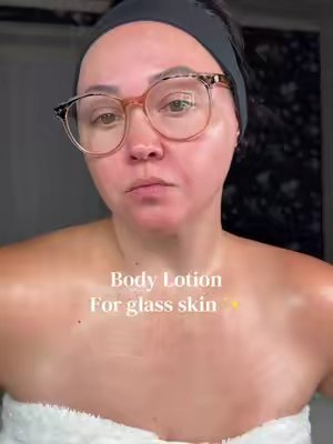 TikTok post by @dailyglowwithdes for Abi Amé. Caption reads: Body Lotion for glass skin 👀✨🤭 @ABI AMÉ is the....