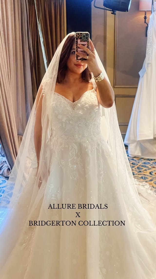 Instagram post by @audreekatelopez for Allure Bridals. Caption reads: [...] brides-to-be and Bridgerton fans -....